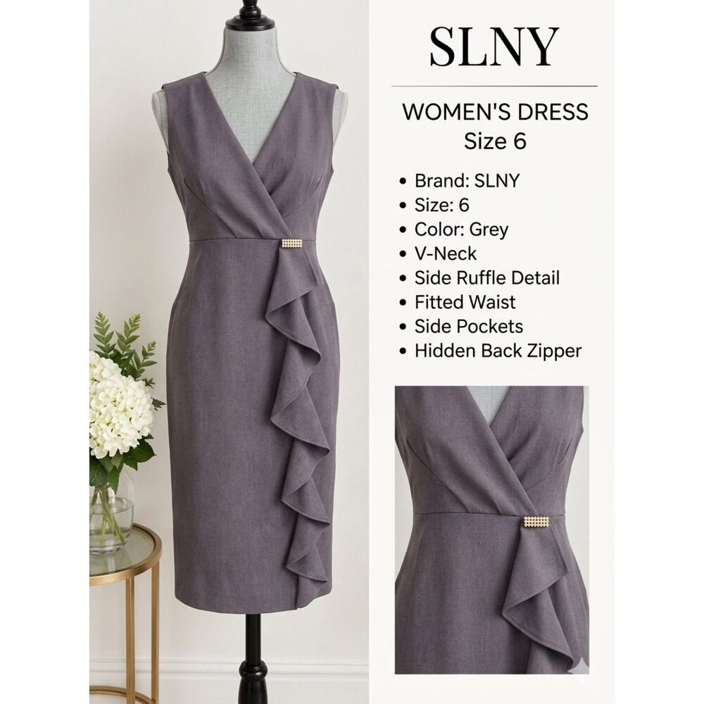 SLNY Women's Gray Sleeveless V-Neck Midi Dress Size 6